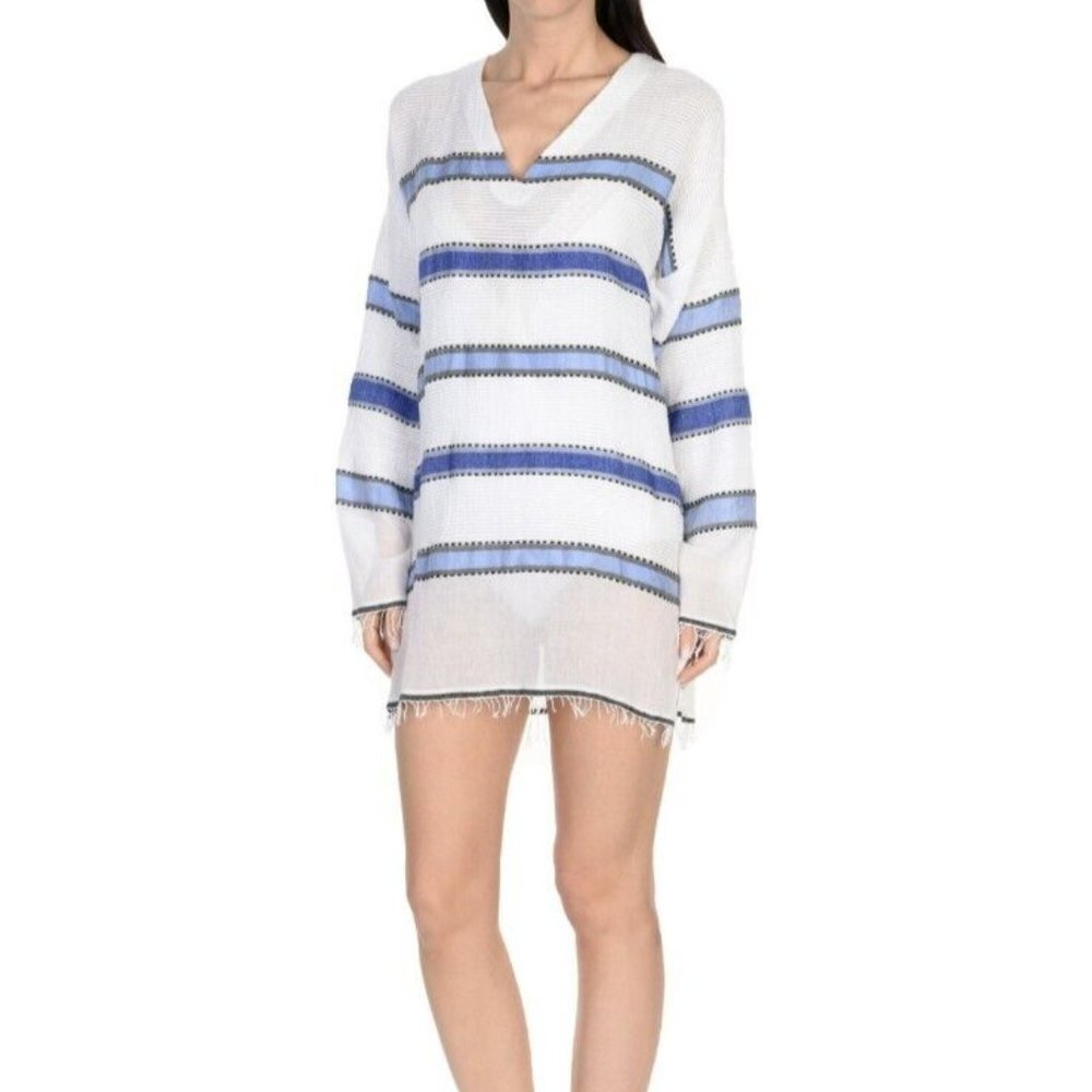 Lemlem White with Blue Stripe Fringed Swim Coverup